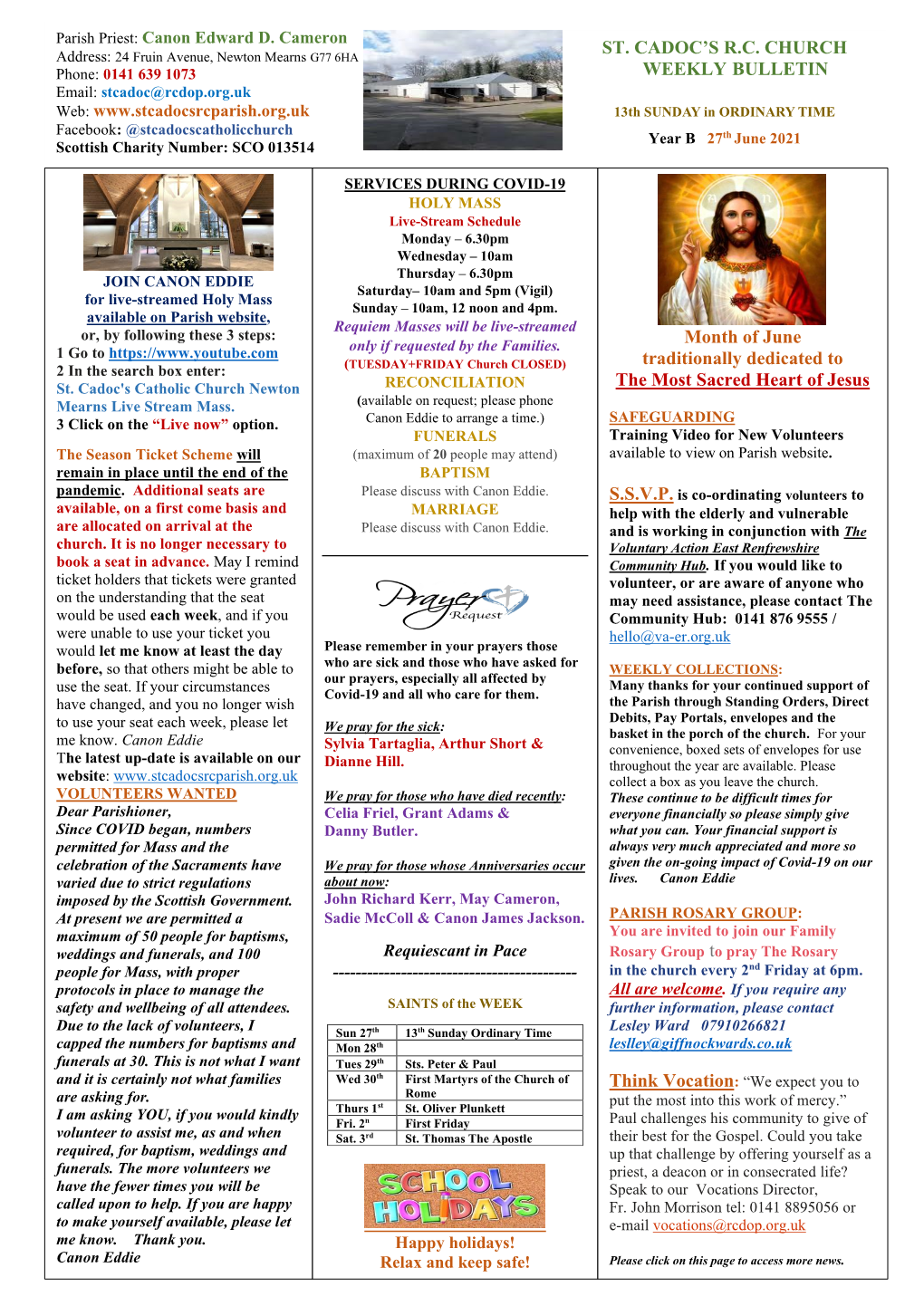 ST. CADOC's R.C. CHURCH WEEKLY BULLETIN Month of June