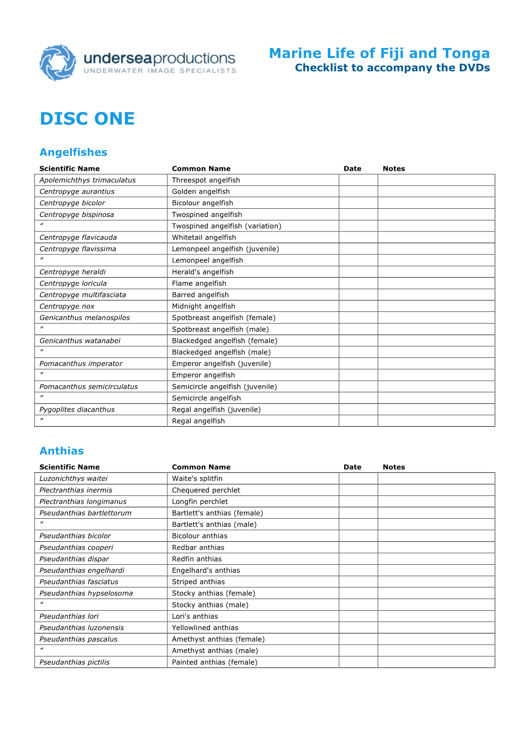 Fiji and Tonga Checklist to Accompany the Dvds