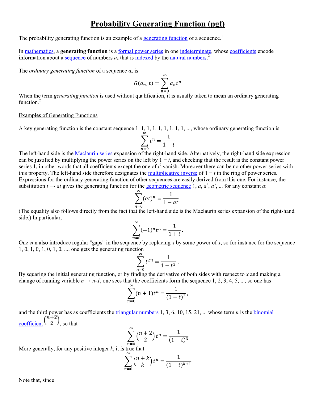 Probability Generating Function (Pgf)