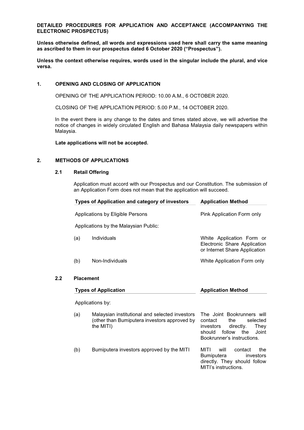 Detailed Procedures for Application and Acceptance (Accompanying the Electronic Prospectus)