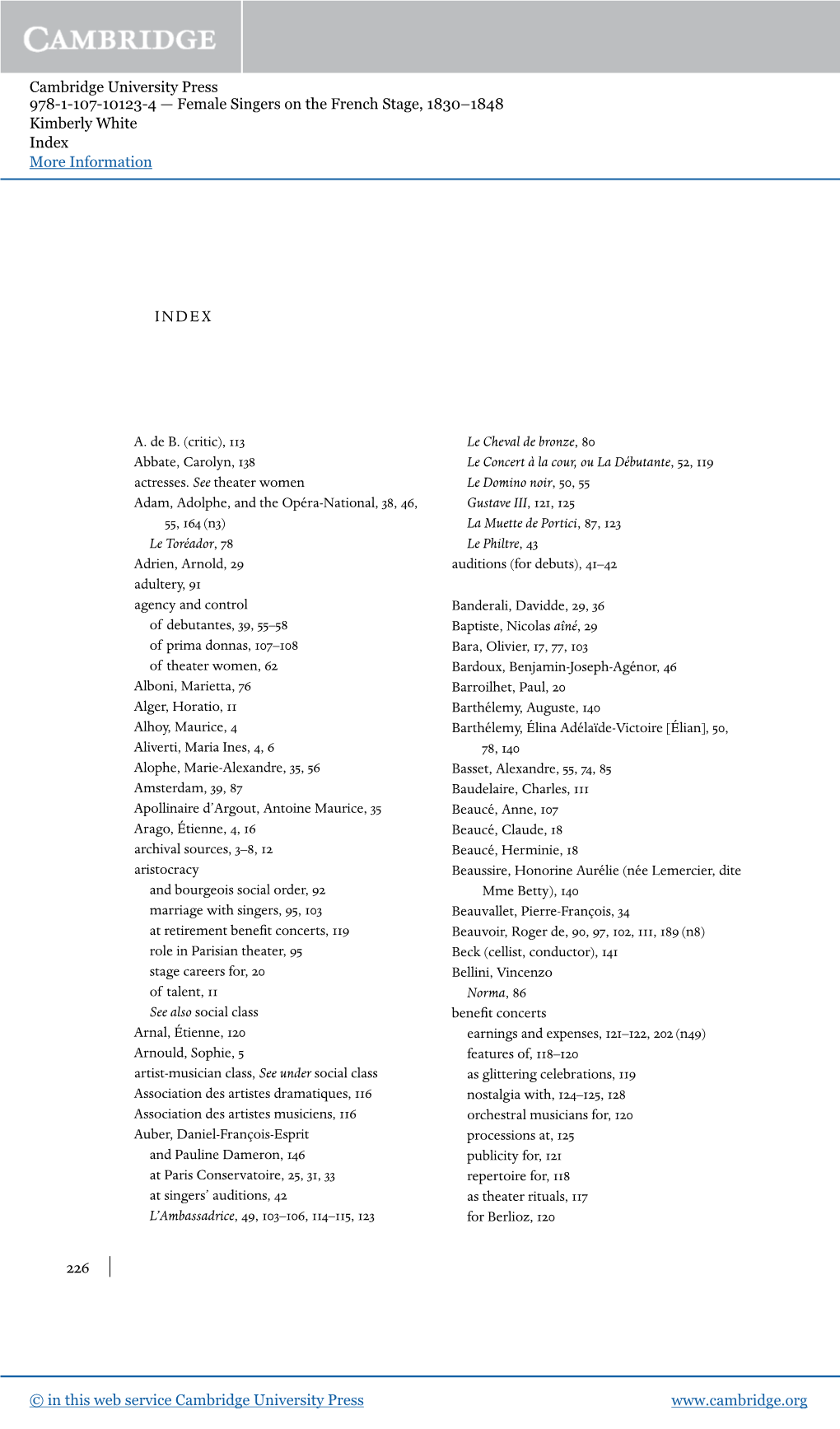 Cambridge University Press 978-1-107-10123-4 — Female Singers on the French Stage, 1830–1848 Kimberly White Index More Information