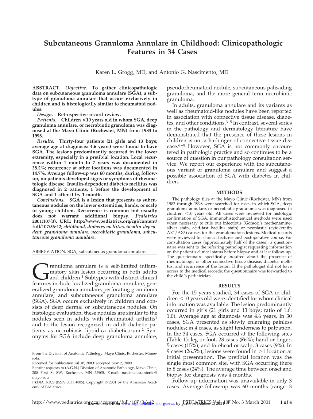 Subcutaneous Granuloma Annulare in Childhood: Clinicopathologic Features in 34 Cases