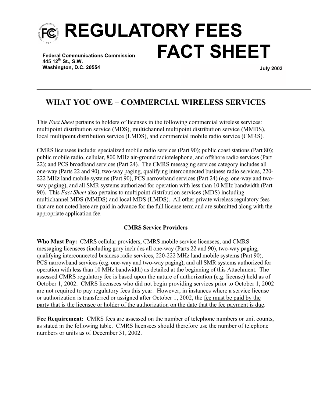Regulatory Fees Fact Sheet
