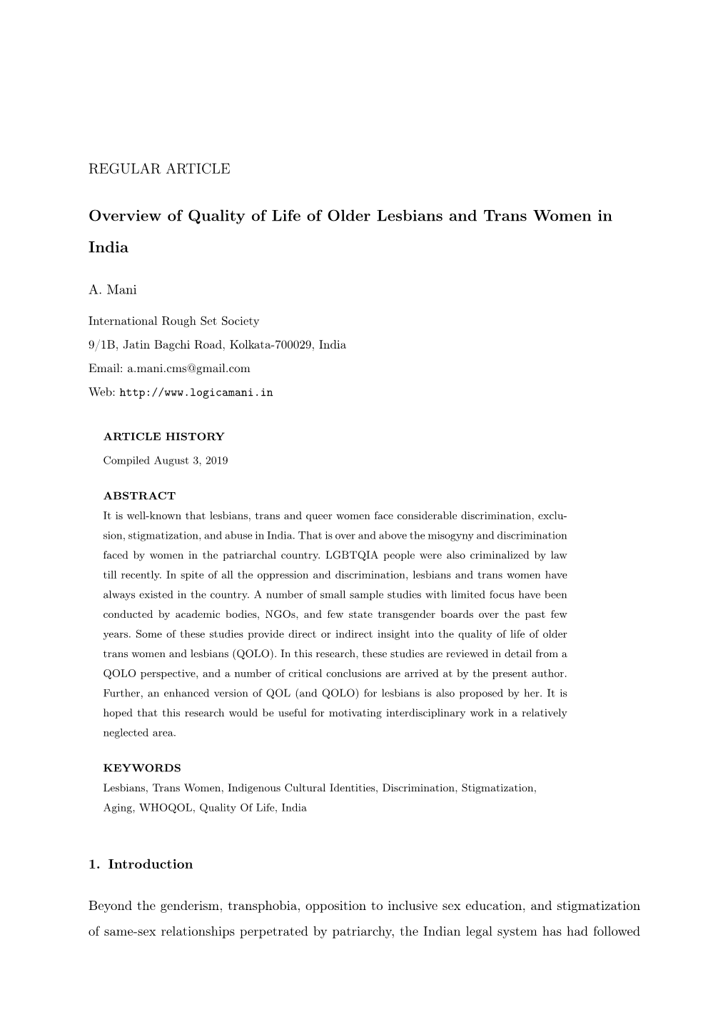 Overview of Quality of Life of Older Lesbians and Trans Women in India