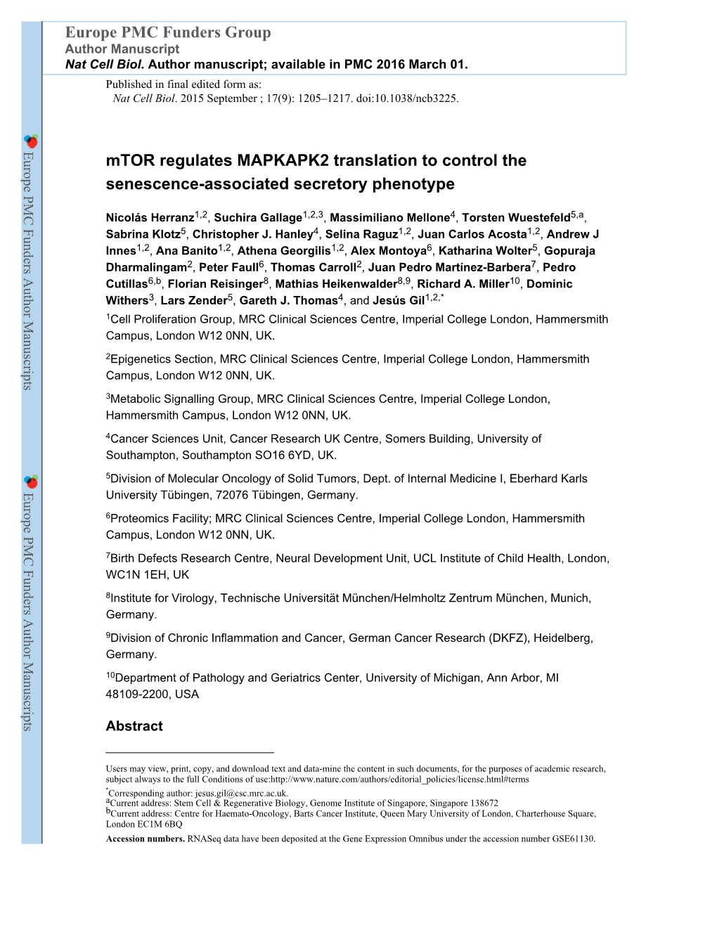 Mtor Regulates MAPKAPK2 Translation to Control the Senescence-Associated Secretory Phenotype