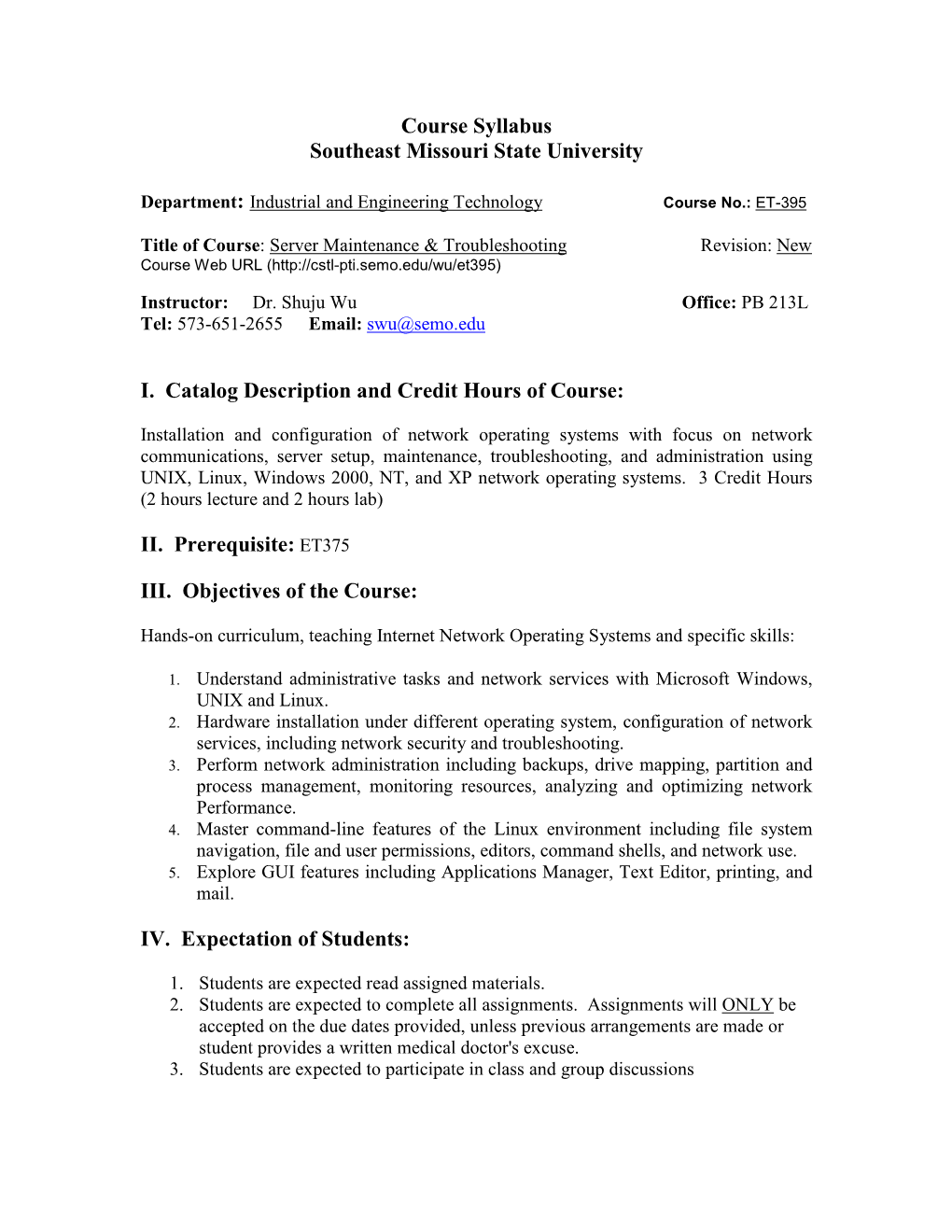 Course Syllabus Southeast Missouri State University