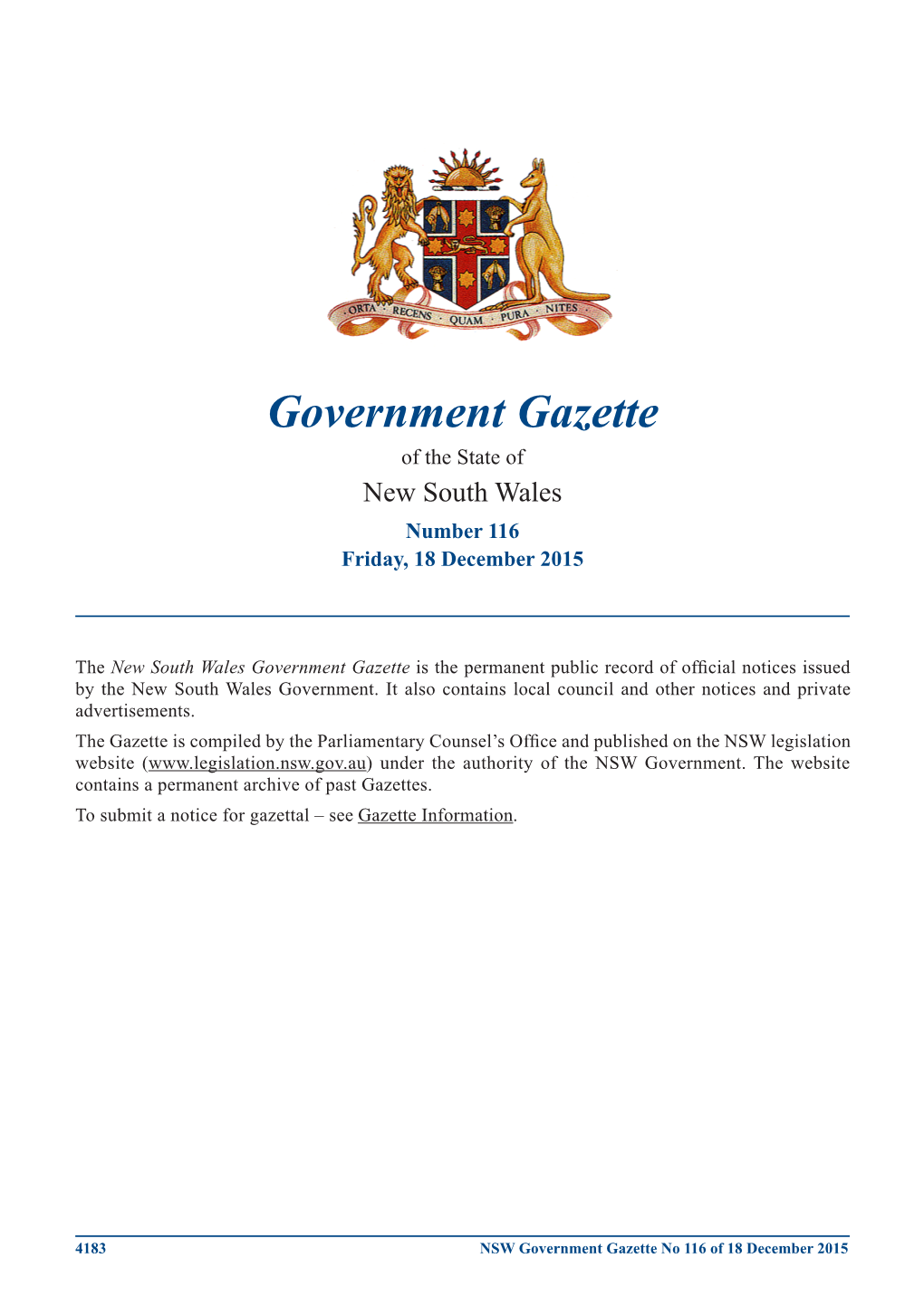 Government Gazette of the State of New South Wales Number 116 Friday, 18 December 2015
