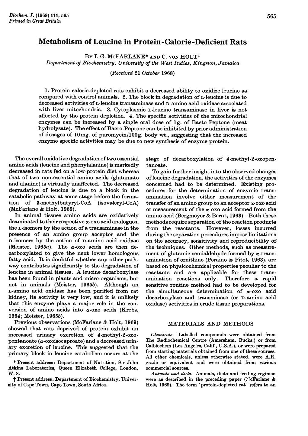 Metabolism of Leucine in Protein-Caloriedeficient Rats