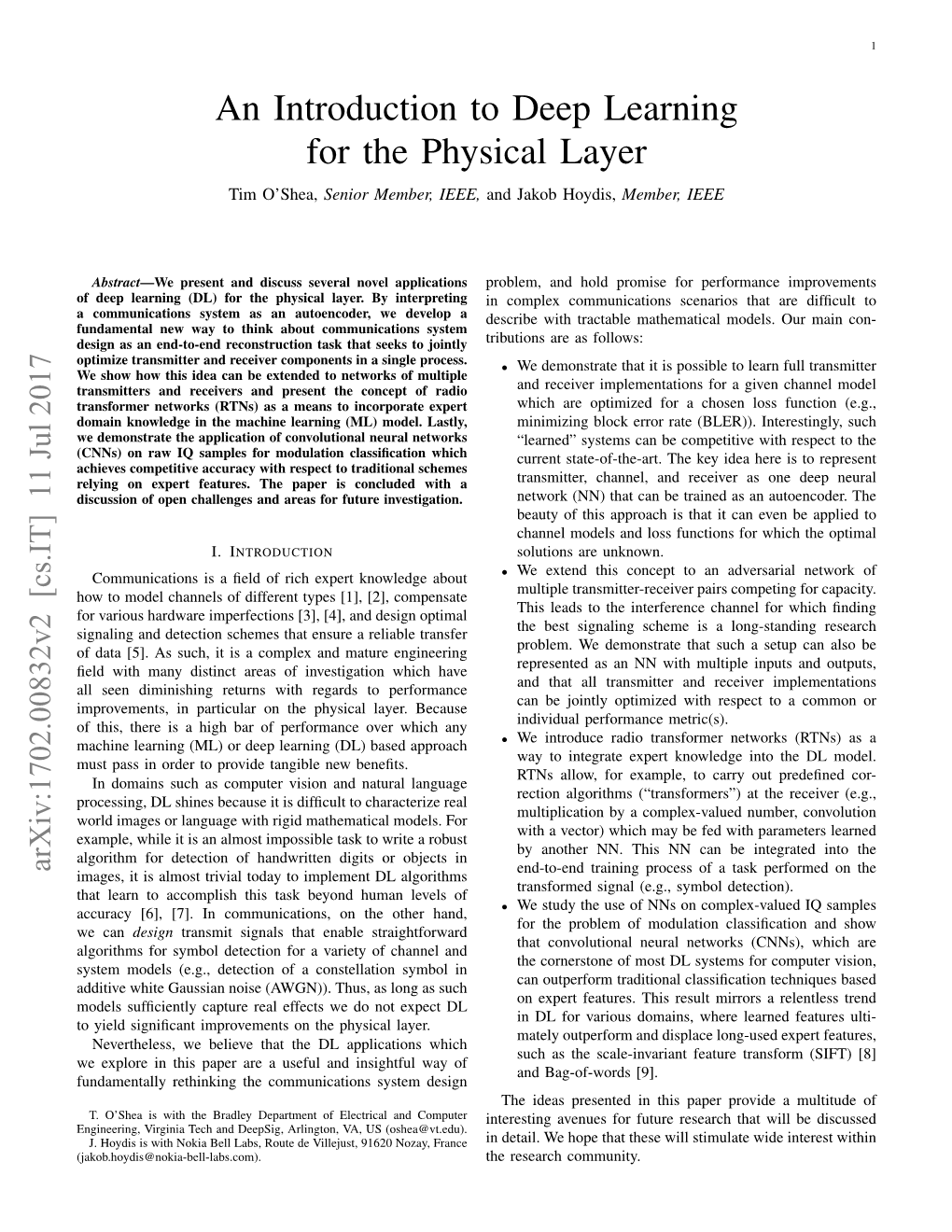 An Introduction to Deep Learning for the Physical Layer Tim O’Shea, Senior Member, IEEE, and Jakob Hoydis, Member, IEEE