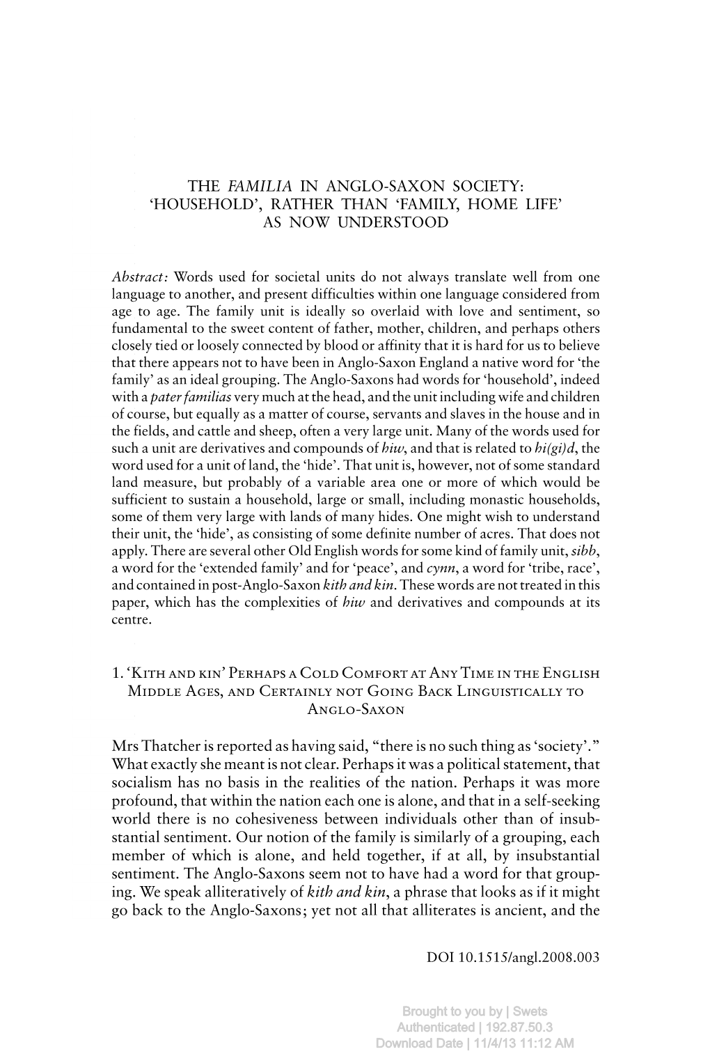 The Familia in Anglo-Saxon Society: 'Household', Rather Than