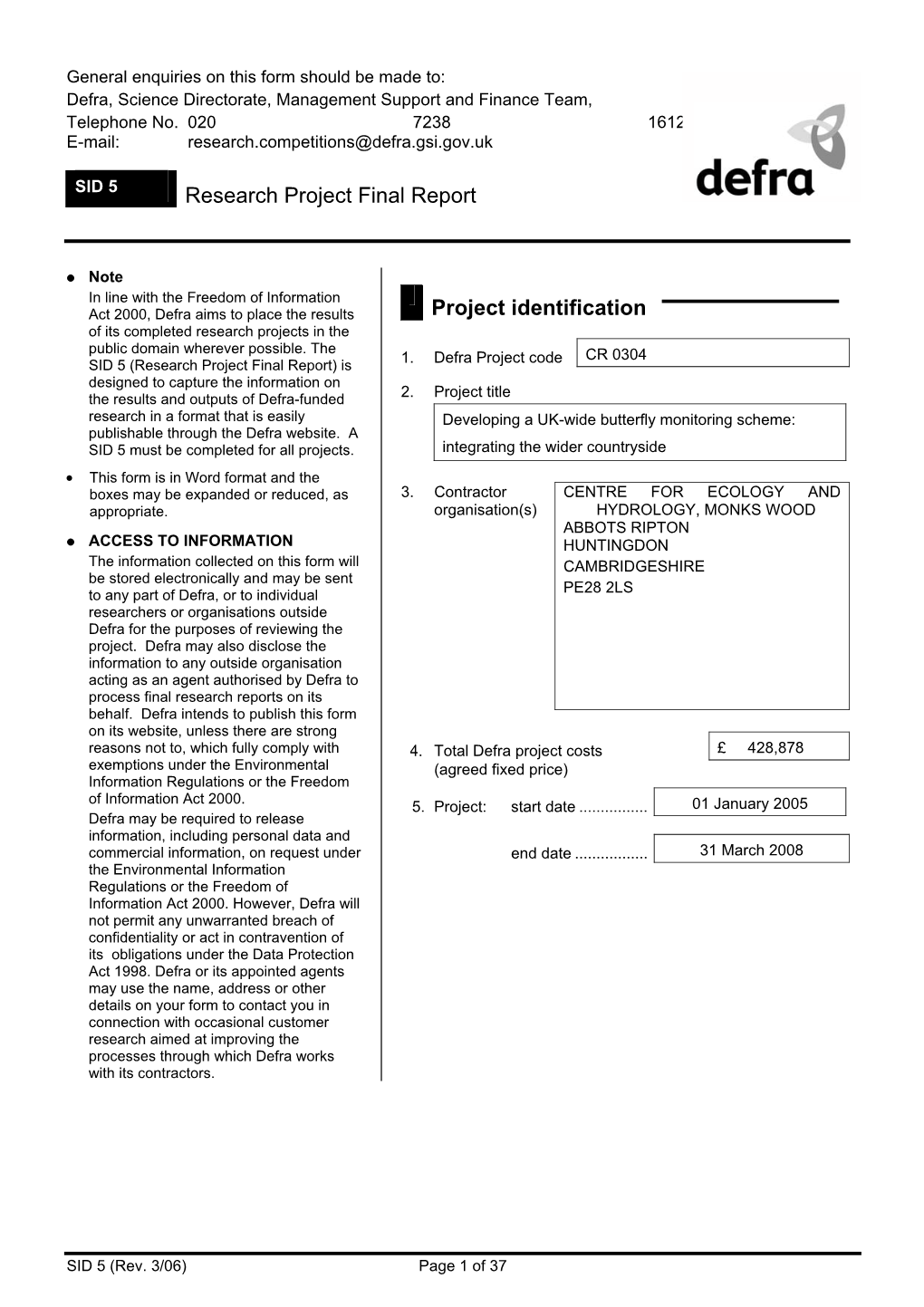 Developing a UK-Wide Butterfly Monitoring Scheme: Publishable Through the Defra Website