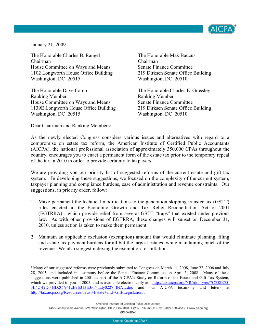 January 21, 2009 Estate Tax Reform Priorities Letter