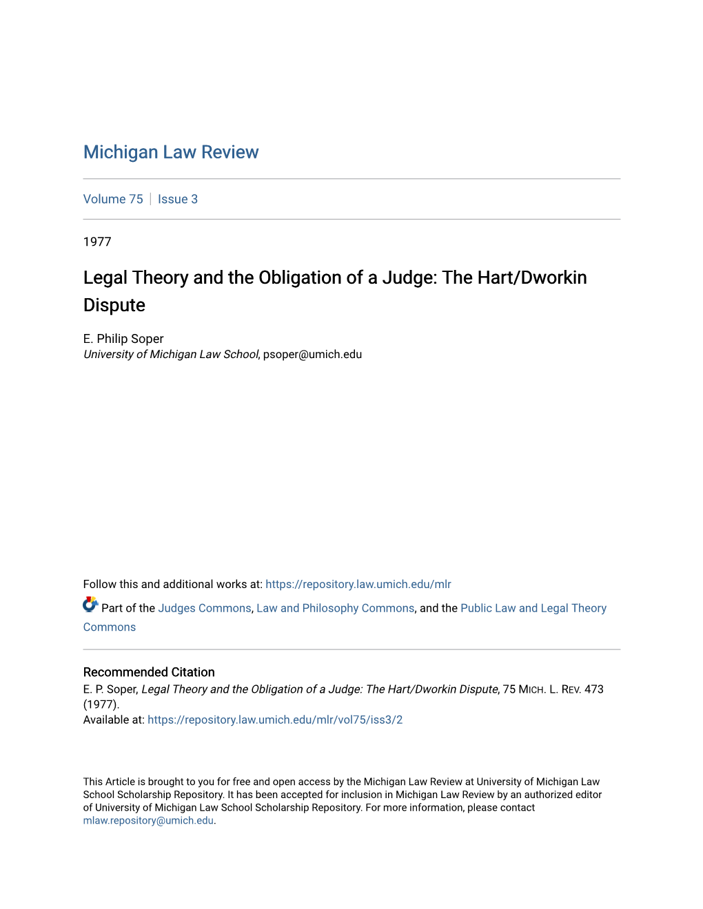 Legal Theory and the Obligation of a Judge: the Hart/Dworkin Dispute