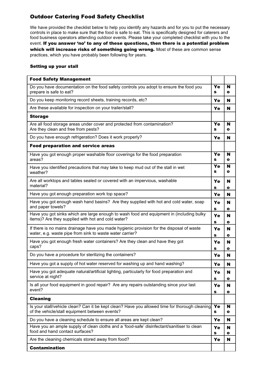 Outdoor Catering Food Safety Checklist