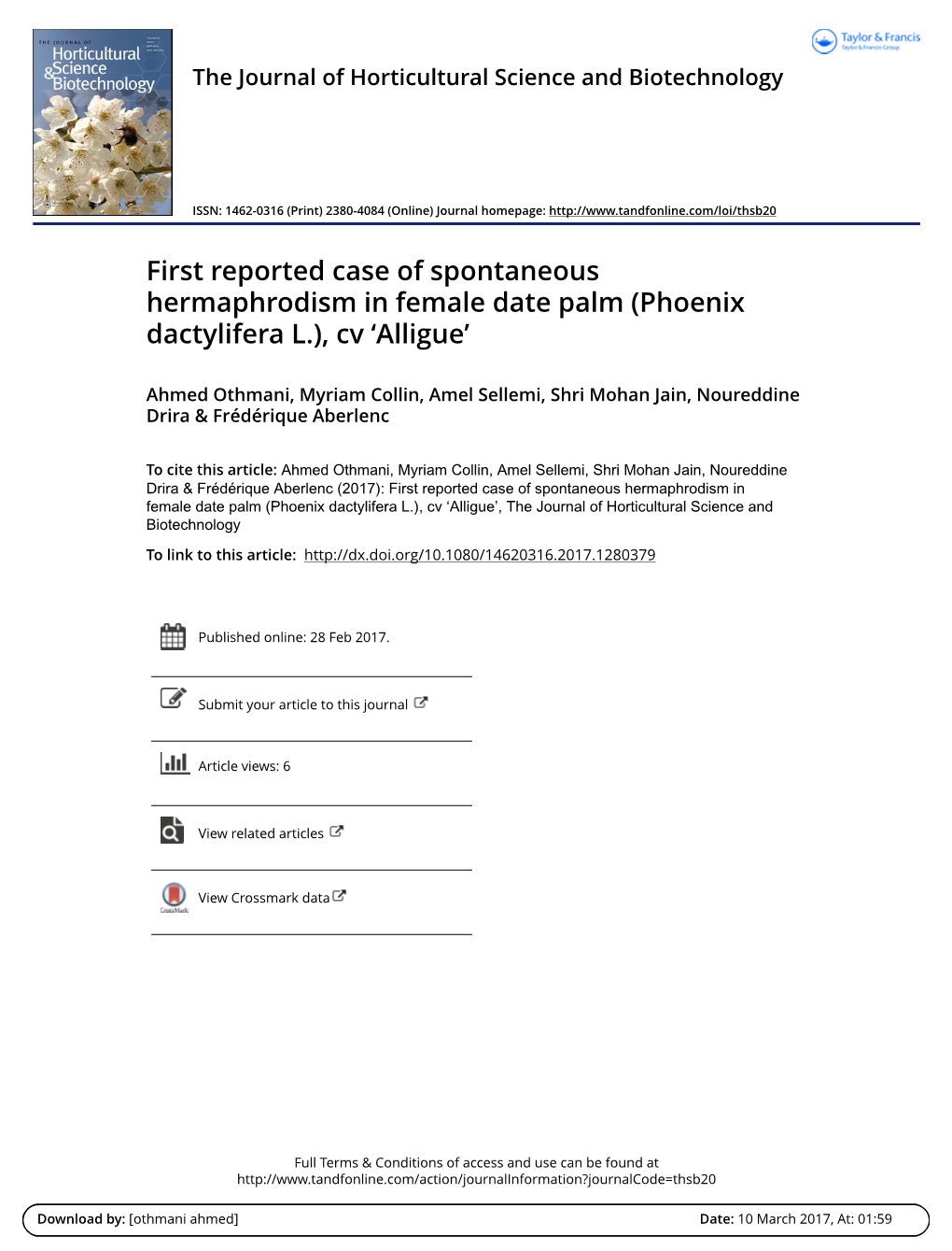 First Reported Case of Spontaneous Hermaphrodism in Female Date Palm (Phoenix Dactylifera L.), Cv ‘Alligue’