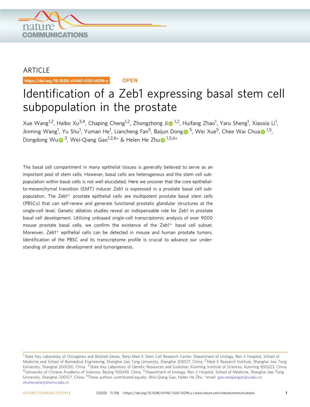 Identification of a Zeb1 Expressing Basal Stem Cell Subpopulation in The