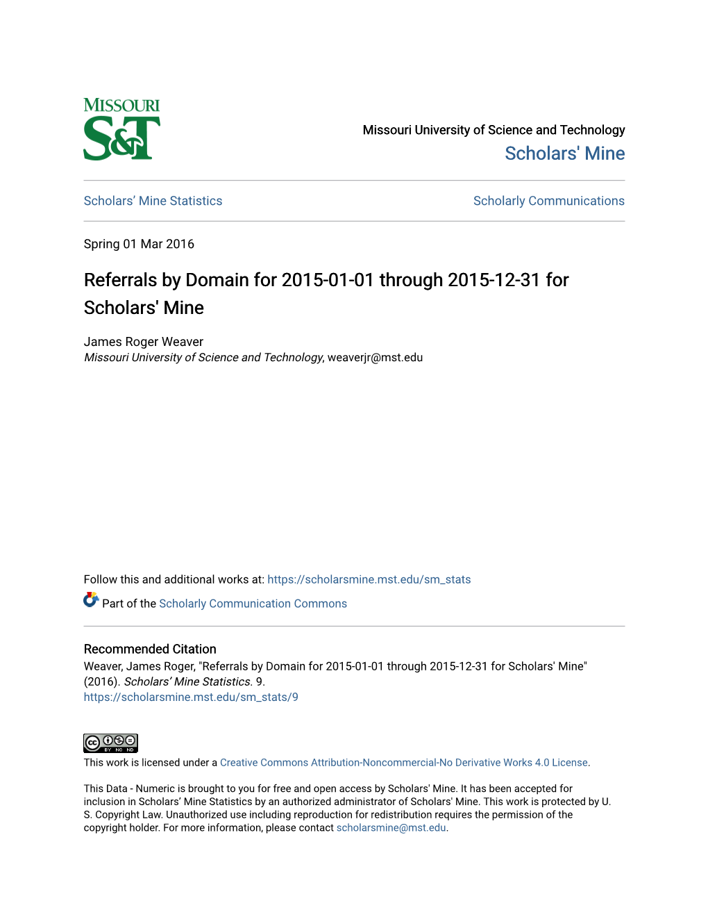 Referrals by Domain for 2015-01-01 Through 2015-12-31 for Scholars' Mine