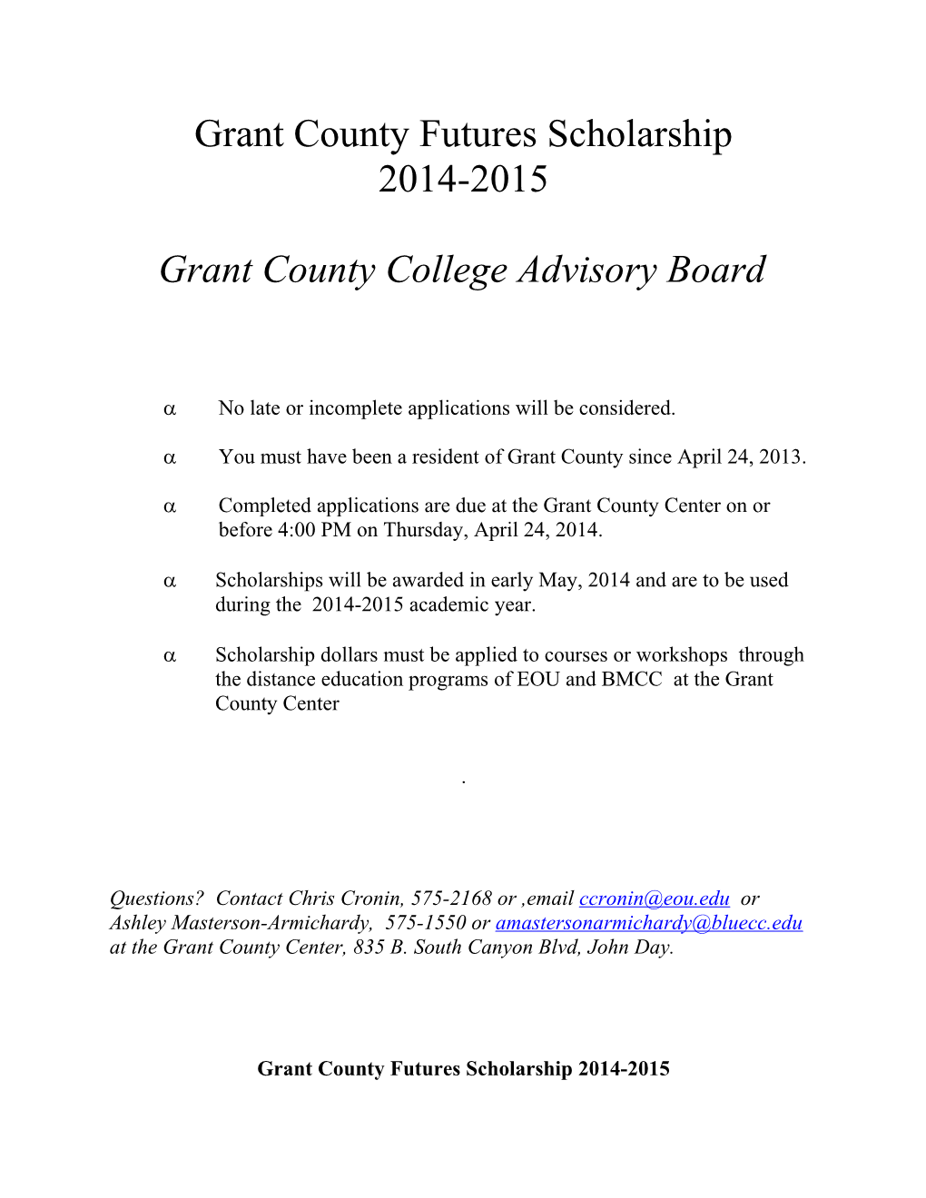 Grant County Futures Scholarship 2000-2001