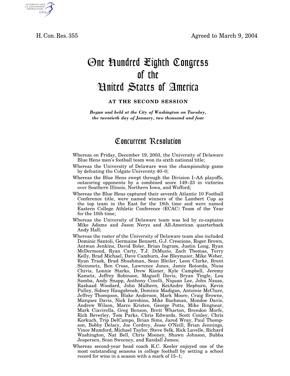 H. Con. Res. 355 Agreed to March 9, 2004