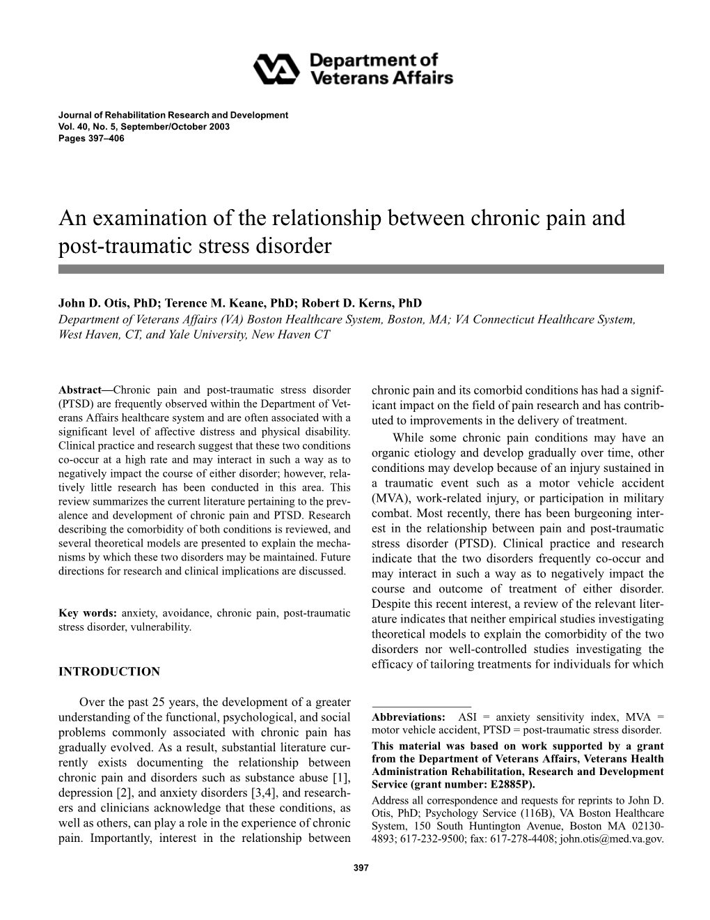 An Examination of the Relationship Between Chronic Pain and Post-Traumatic Stress Disorder