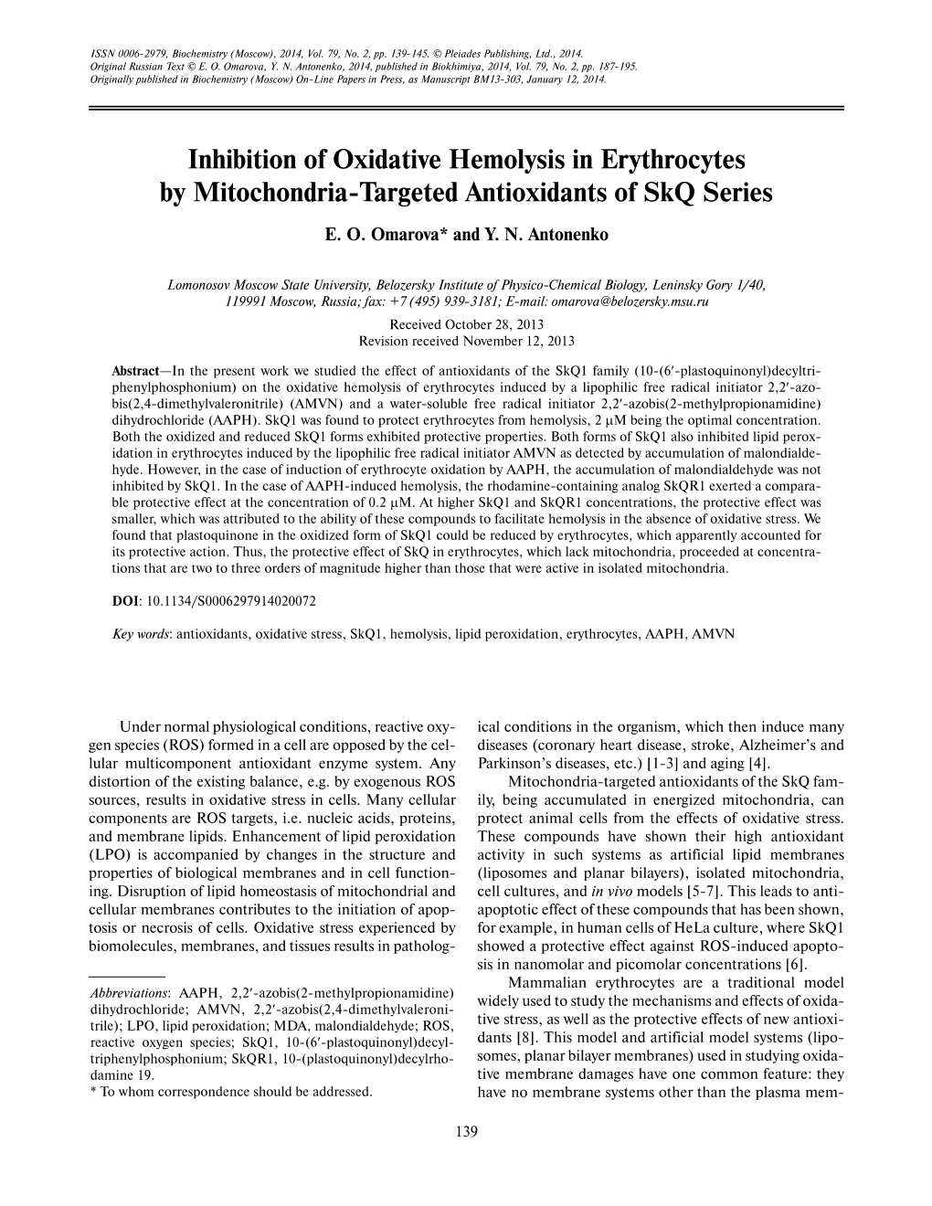 Inhibition of Oxidative Hemolysis in Erythrocytes by Mitochondria-Targeted Antioxidants of Skq Series