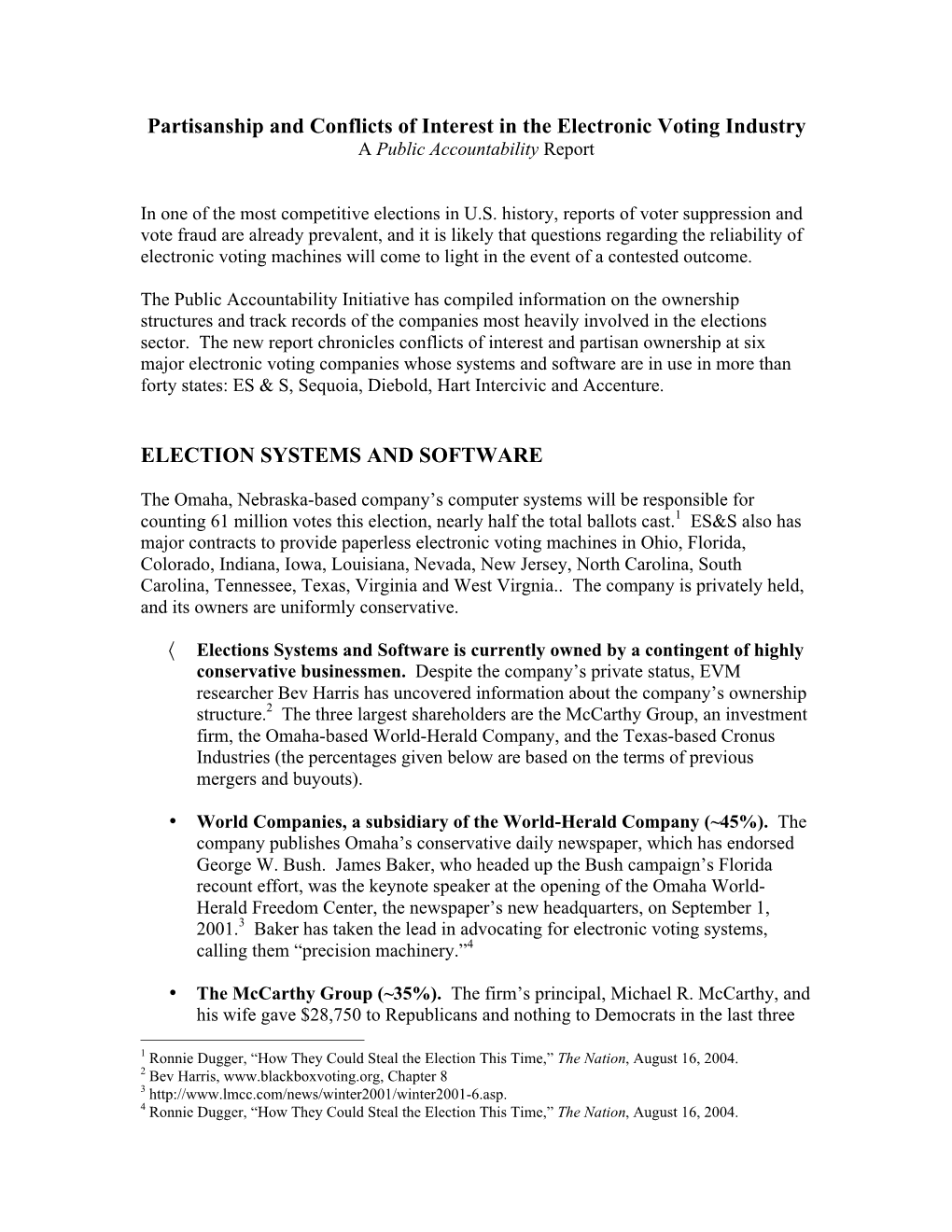 Partisanship and Conflicts of Interest in the Electronic Voting Industry a Public Accountability Report