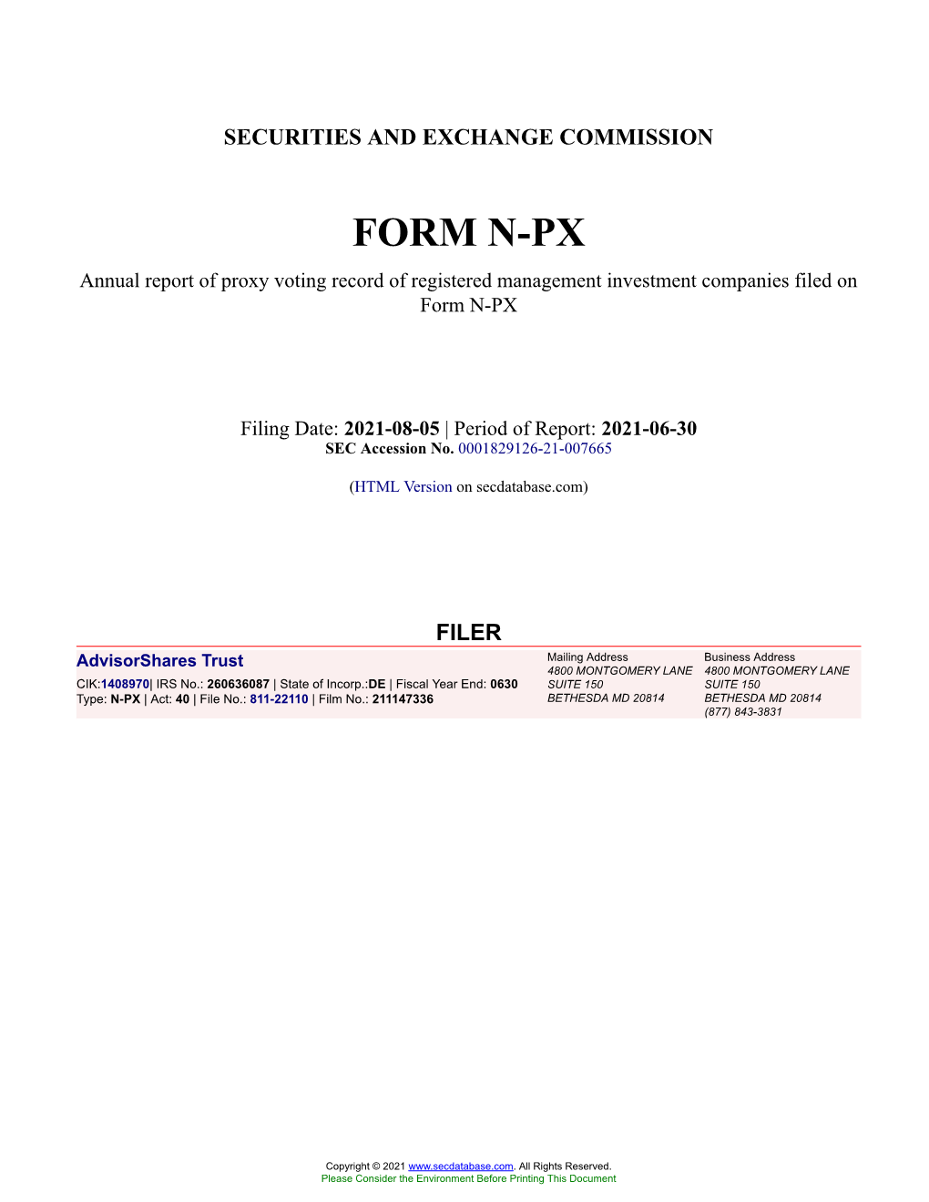 Advisorshares Trust Form N-PX Filed 2021-08-05