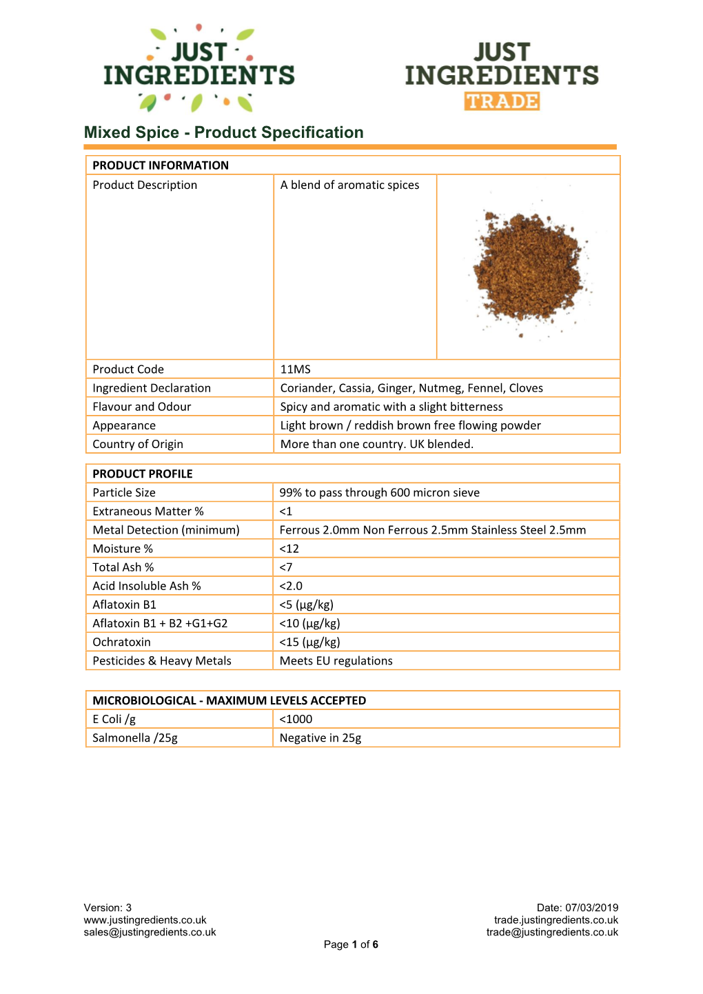 Mixed Spice - Product Specification