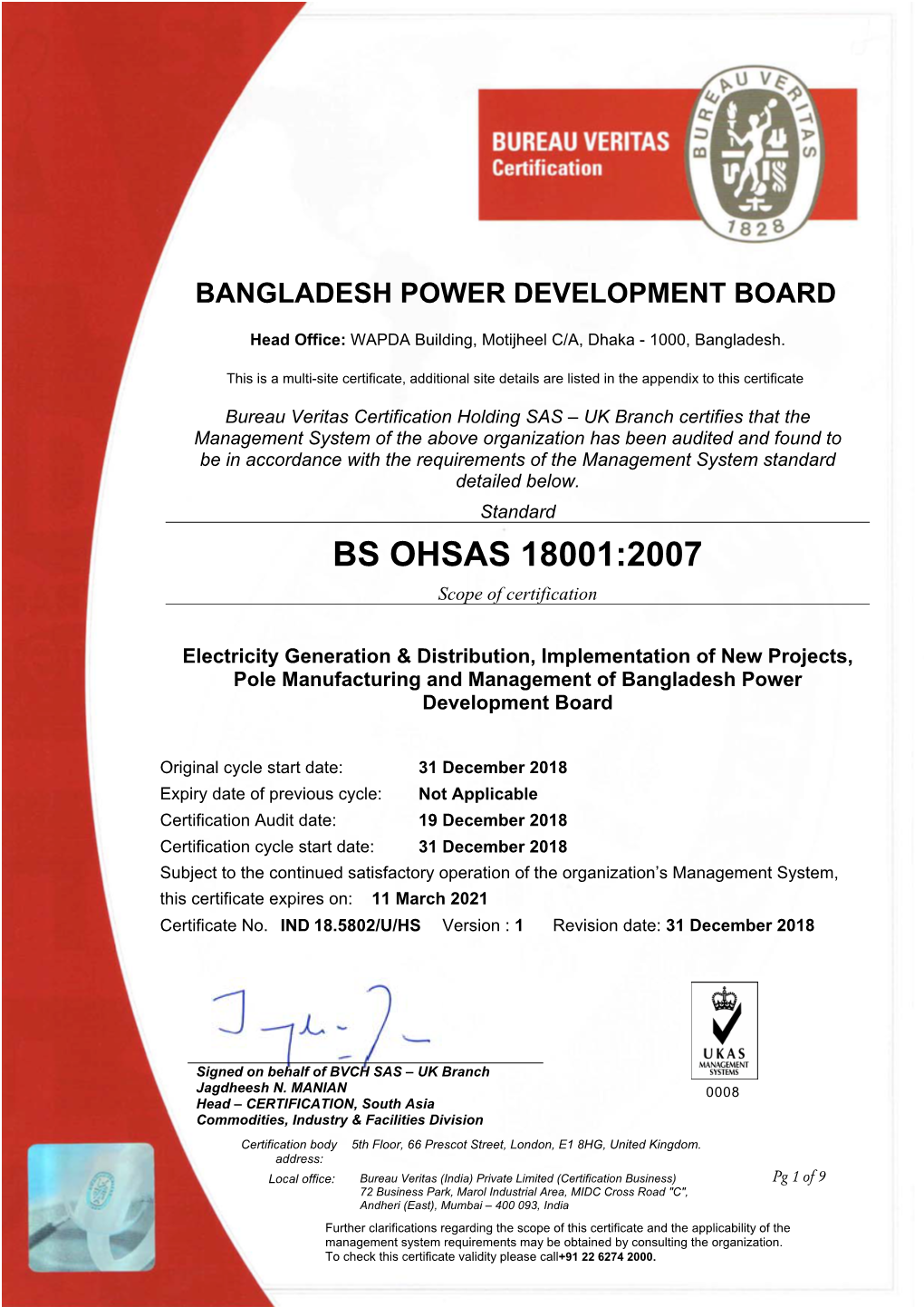 BS OHSAS 18001:2007 Scope of Certification