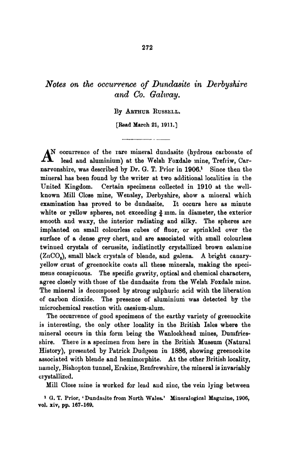 Notes on the Occurrence of Dundasite in Derbyshire and Co. Galway