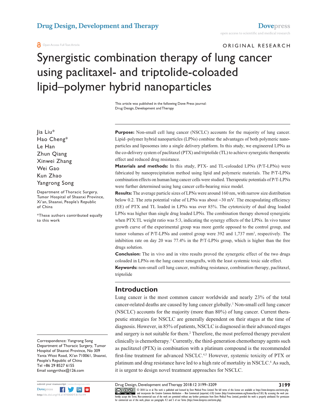 Synergistic Combination Therapy of Lung Cancer Using Paclitaxel- and Triptolide-Coloaded Lipid–Polymer Hybrid Nanoparticles