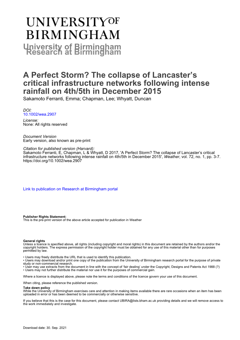 University of Birmingham a Perfect Storm? the Collapse of Lancaster's