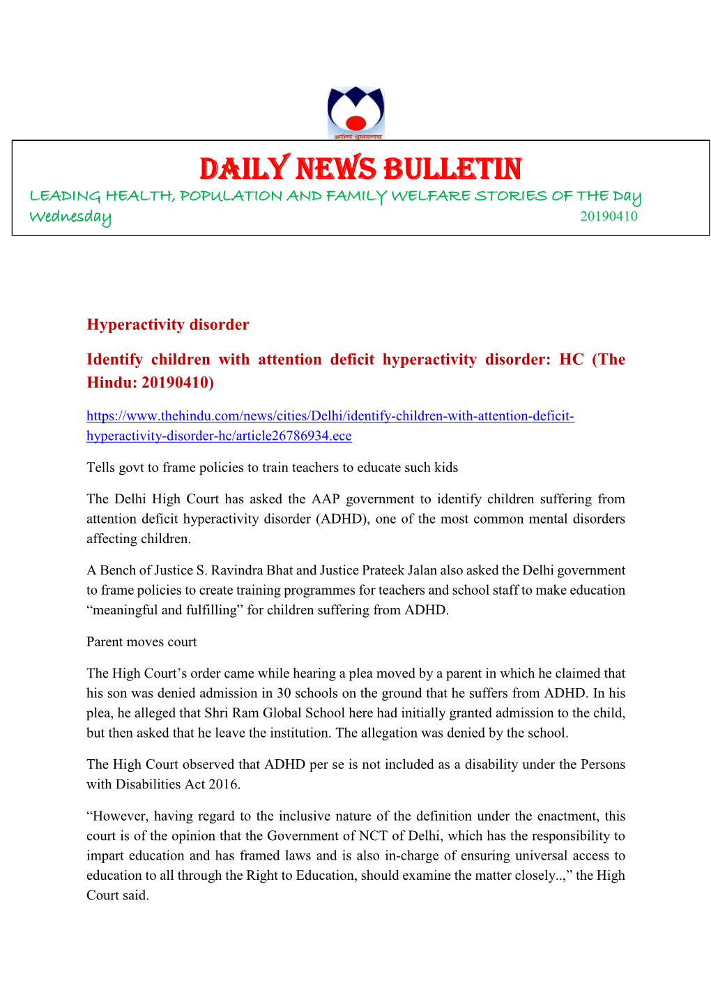 DAILY NEWS BULLETIN LEADING HEALTH, POPULATION and FAMILY WELFARE STORIES of the Day Wednesday 20190410