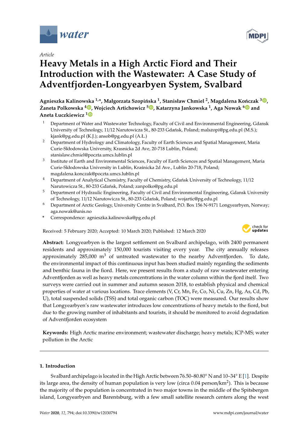 Heavy Metals in a High Arctic Fiord and Their Introduction with the Wastewater: a Case Study of Adventfjorden-Longyearbyen System, Svalbard