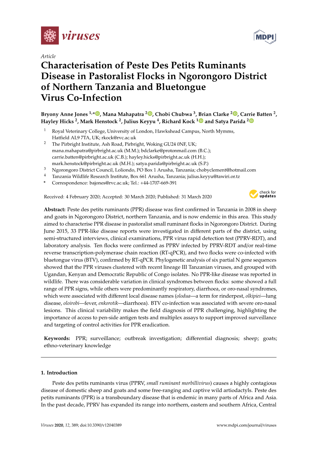 Characterisation of Peste Des Petits Ruminants Disease in Pastoralist Flocks in Ngorongoro District of Northern Tanzania and Bluetongue Virus Co-Infection
