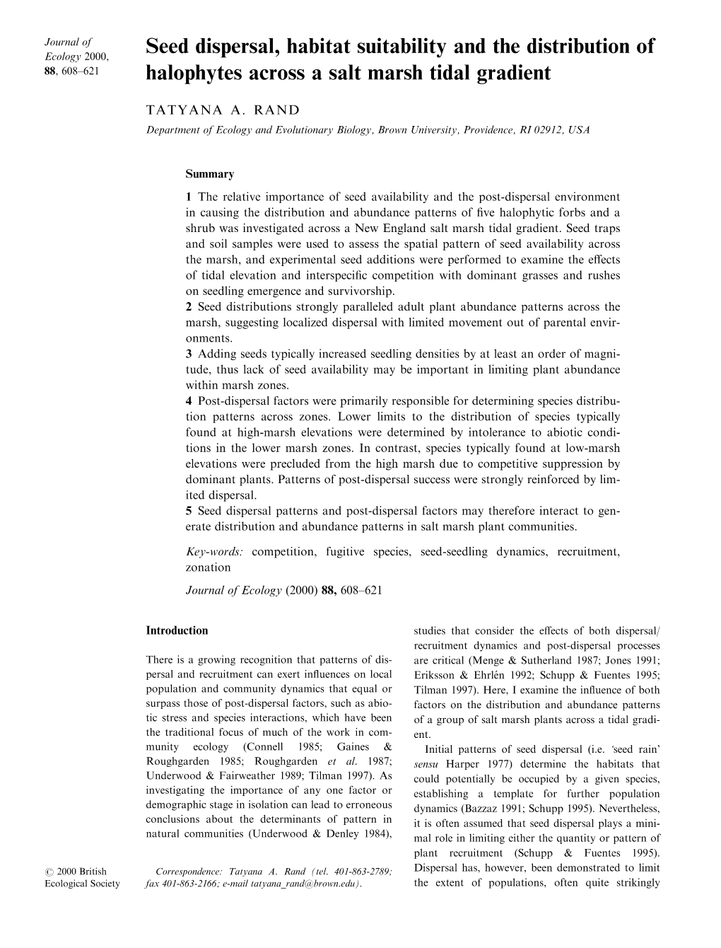 Seed Dispersal, Habitat Suitability and the Distribution of Halophytes Across