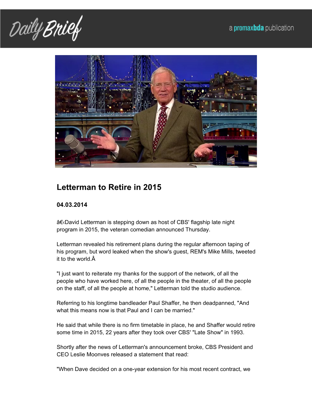 Letterman to Retire in 2015