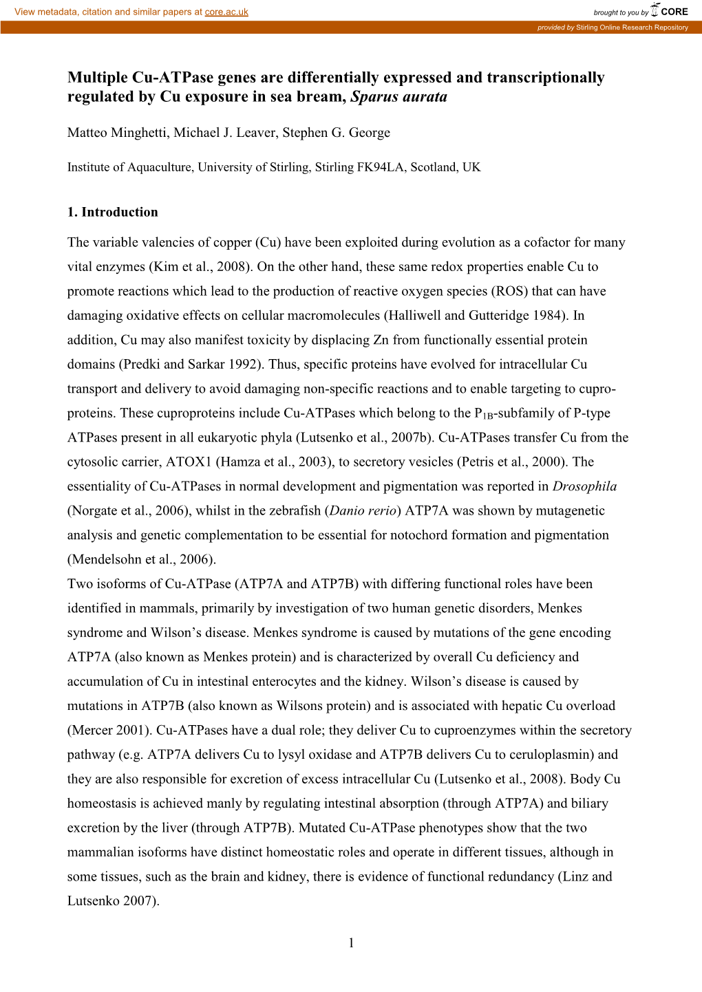 Cloning and Expression of the Two Isoforms of Copper Atpase