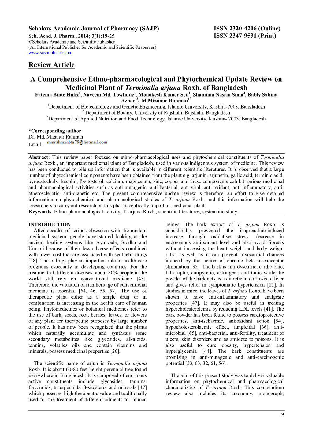 Review Article a Comprehensive Ethno-Pharmacological and Phytochemical Update Review on Medicinal Plant of Terminalia Arjuna