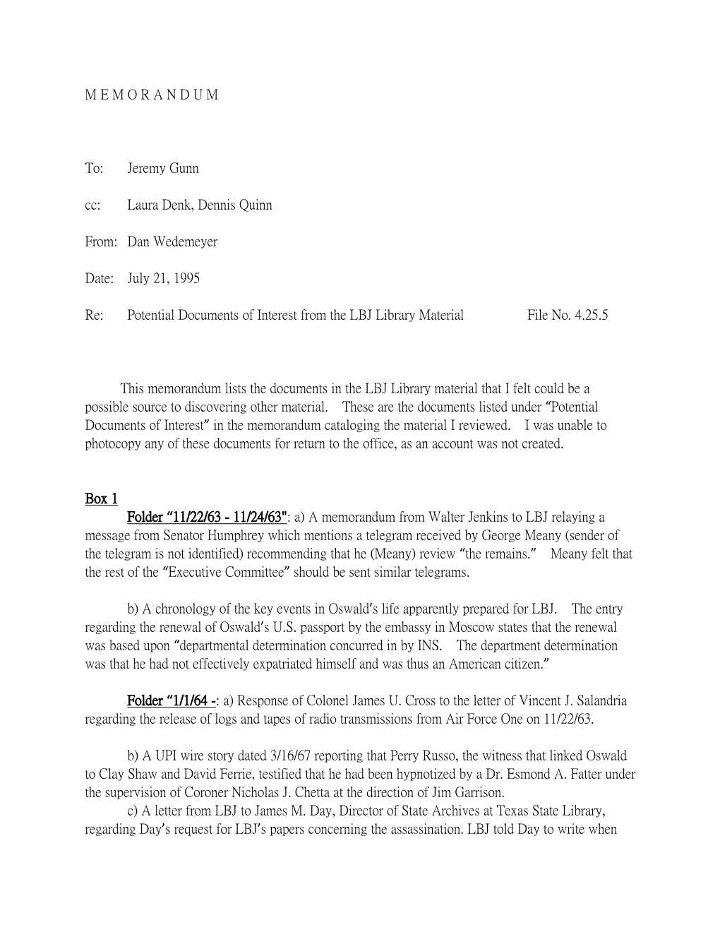 Memorandum to the Secret Service from Tom Johnson Regarding the Information of a “Berzon” on the Assassination