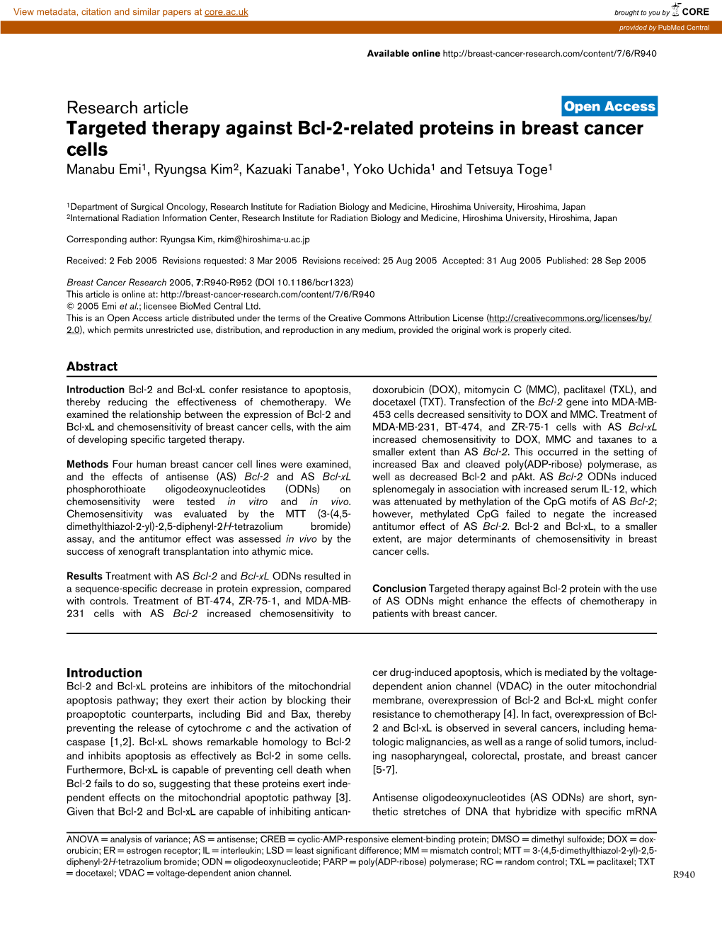 Targeted Therapy Against Bcl-2-Related Proteins in Breast Cancer Cells Manabu Emi1, Ryungsa Kim2, Kazuaki Tanabe1, Yoko Uchida1 and Tetsuya Toge1