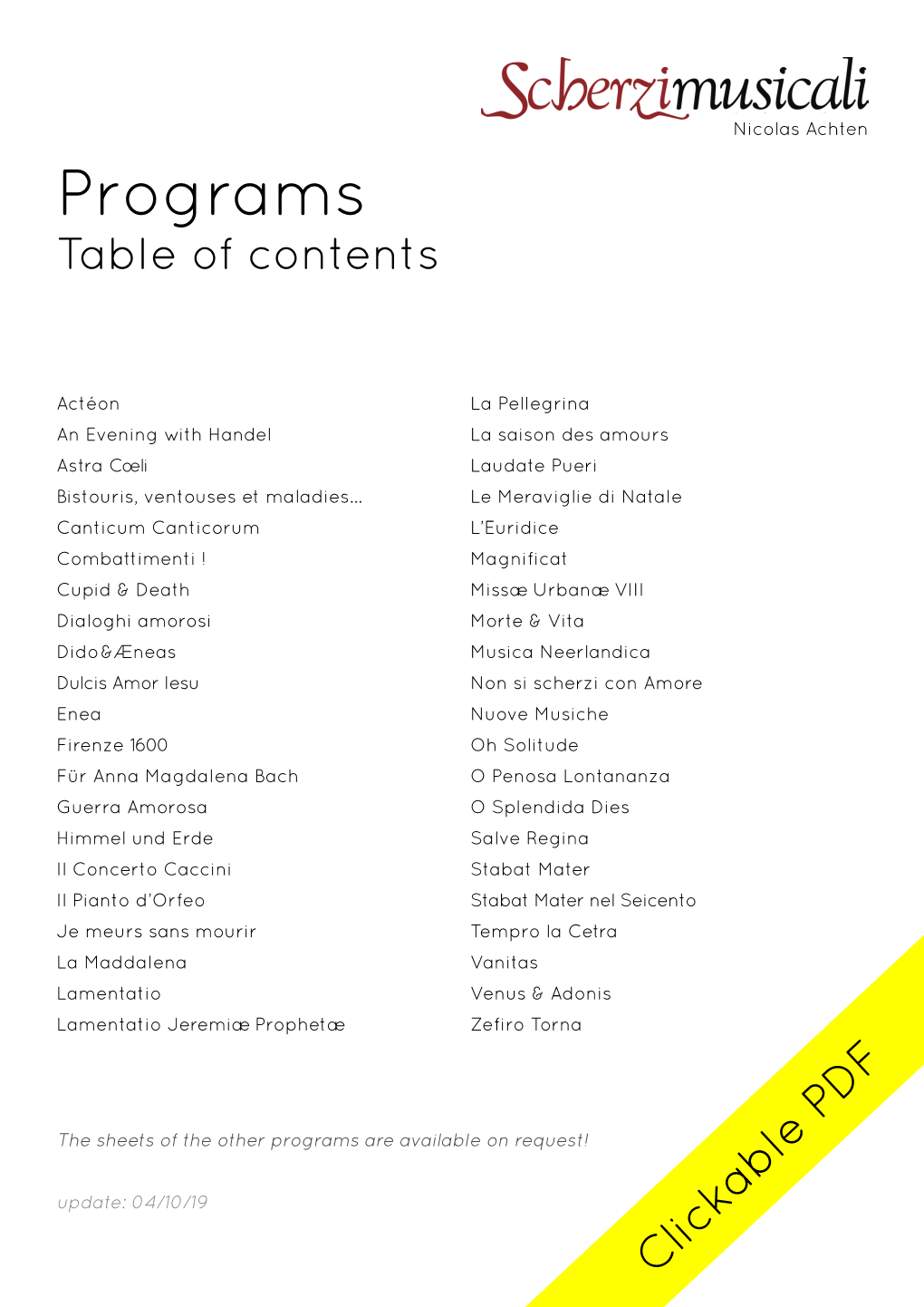 Programs Table of Contents