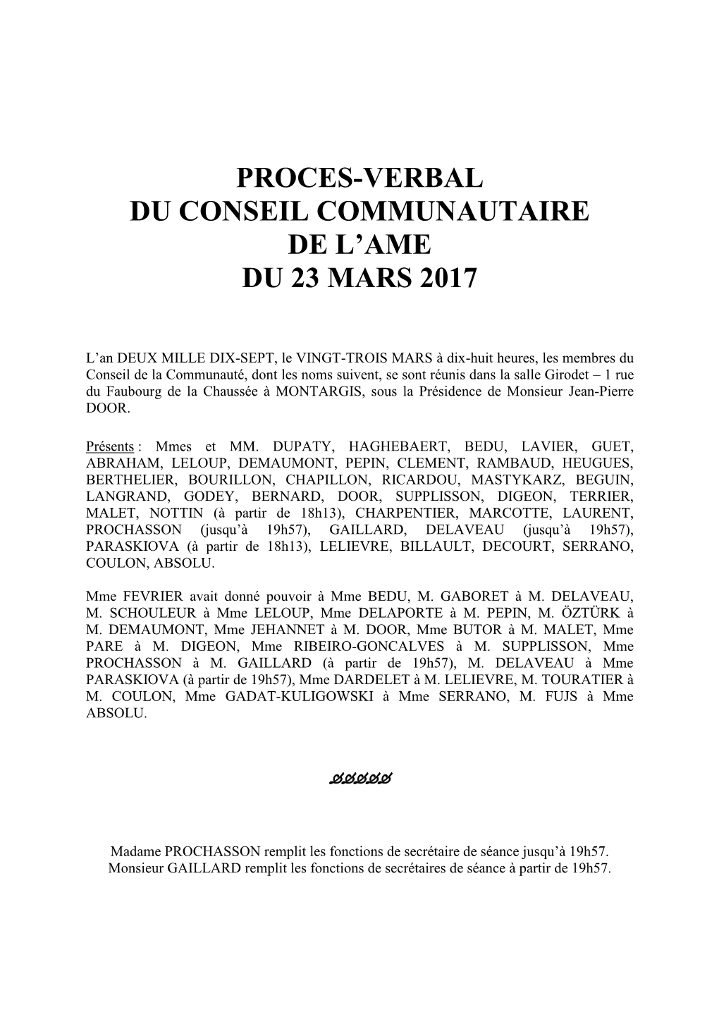 Proces-Verbal Du Conseil Communautaire De L'ame Du 23 Mars 2017