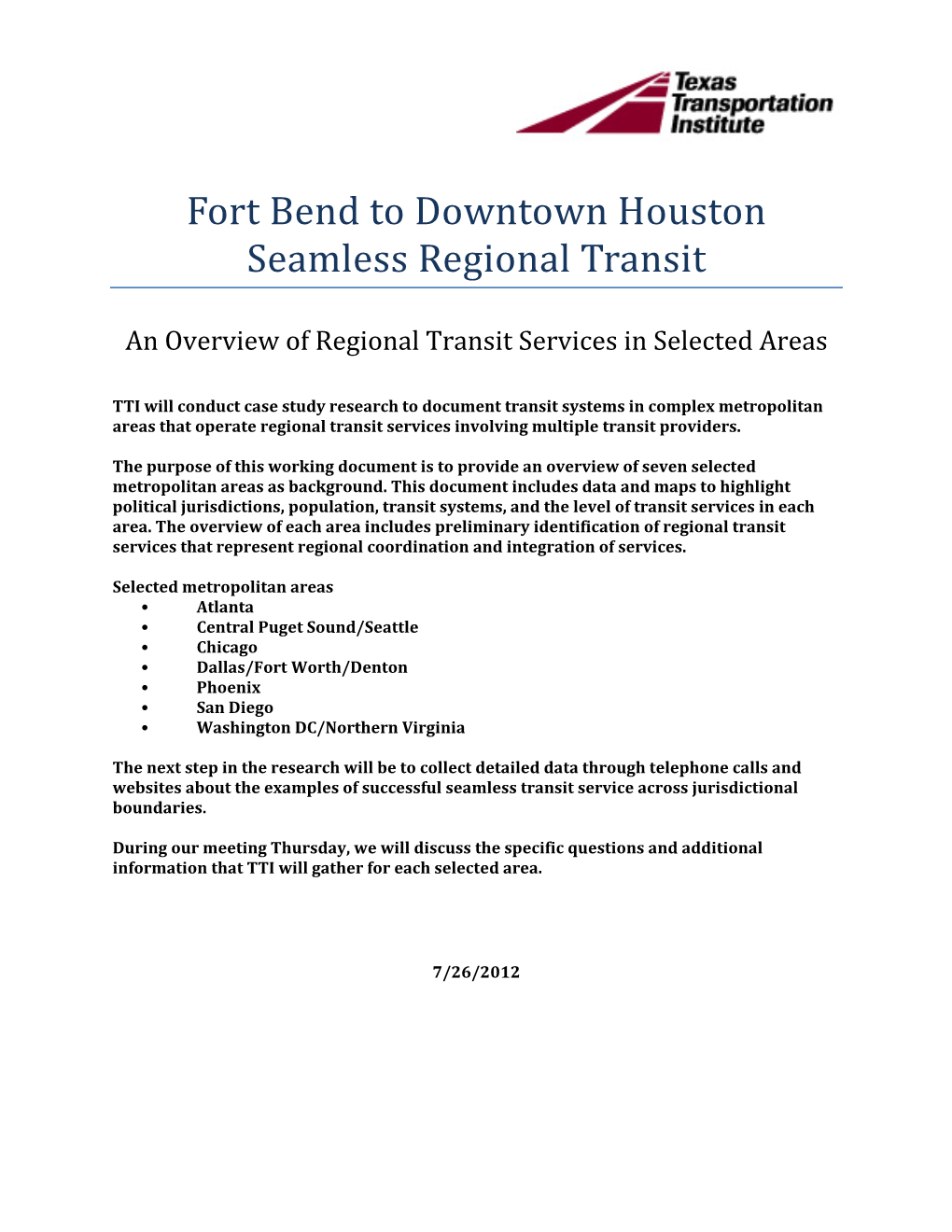 Fort Bend to Downtown Houston Seamless Regional Transit