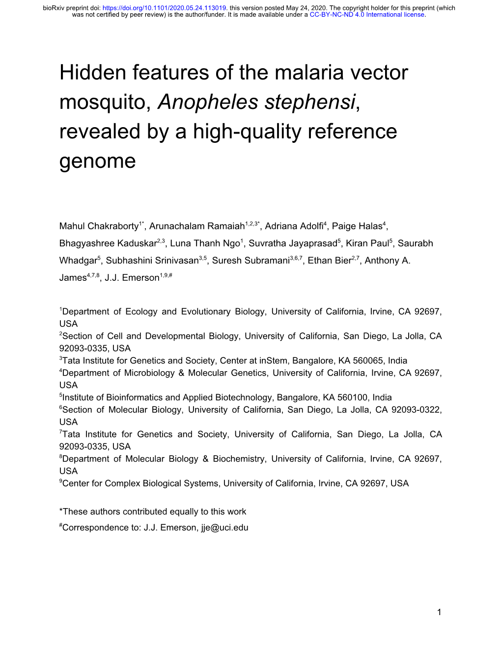 Hidden Features of the Malaria Vector Mosquito, Anopheles Stephensi, ​ ​ Revealed by a High-Quality Reference Genome