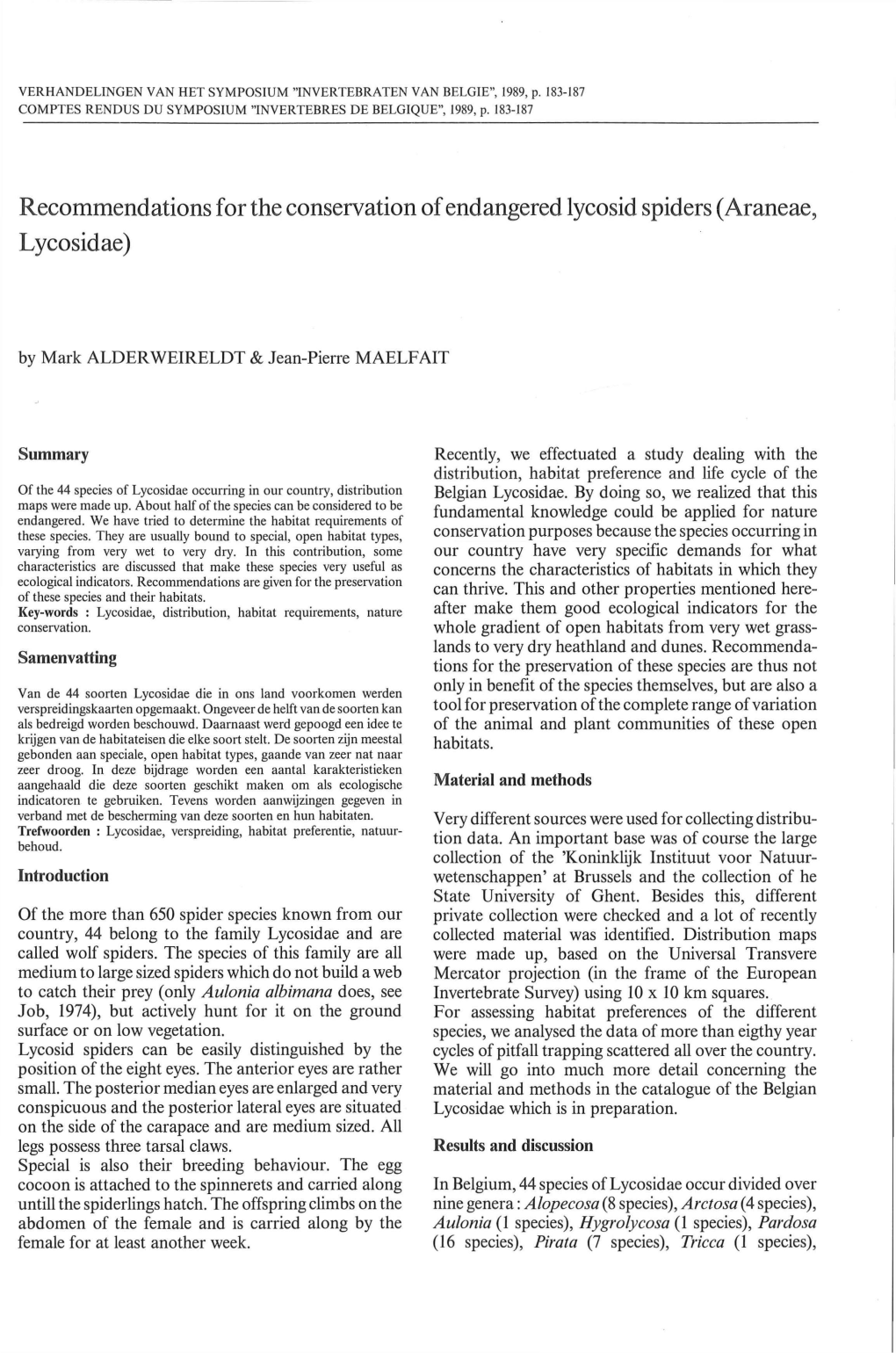 Recommendations for the Conservation of Endangered Lycosid Spiders (Araneae, Lycosidae)