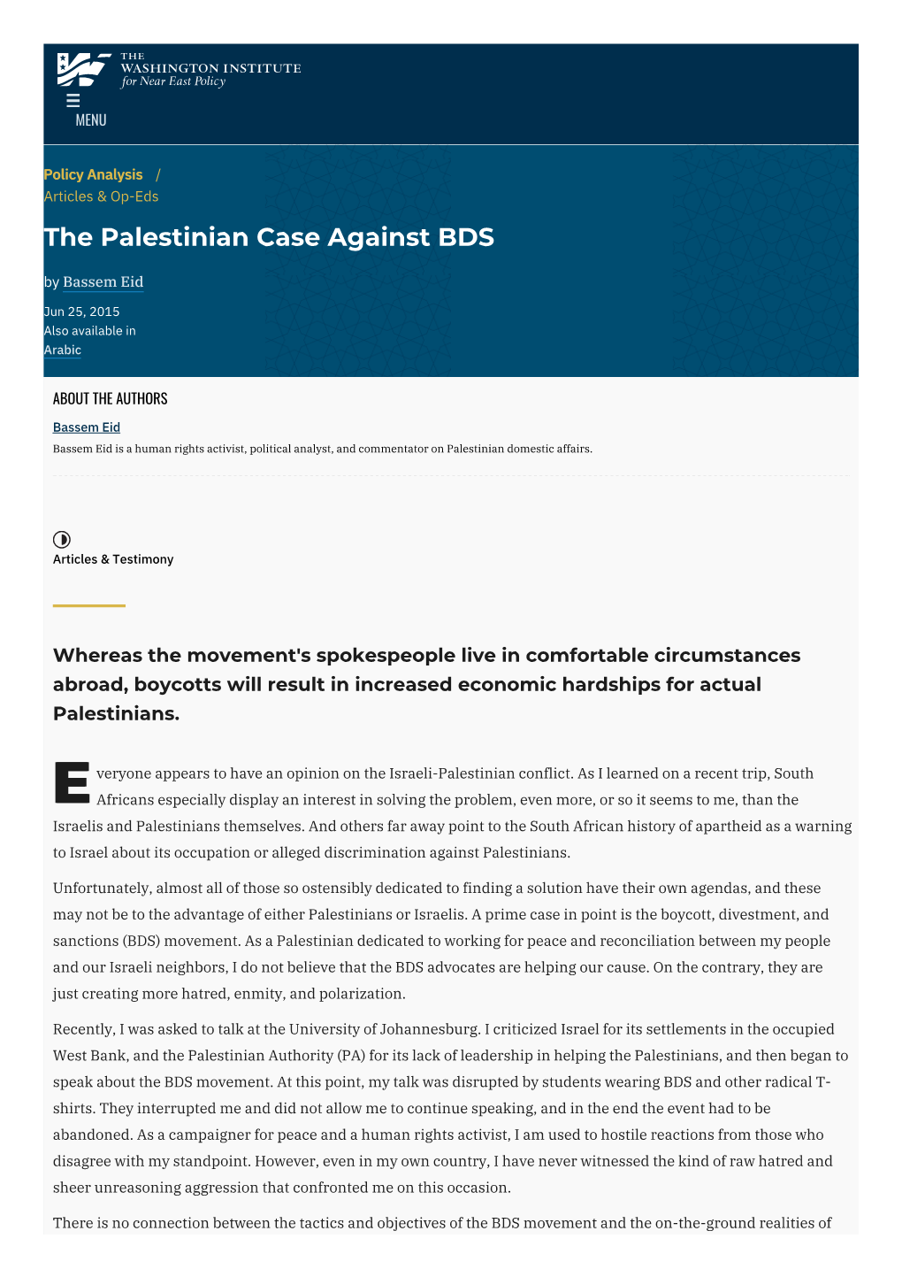 The Palestinian Case Against BDS | the Washington Institute