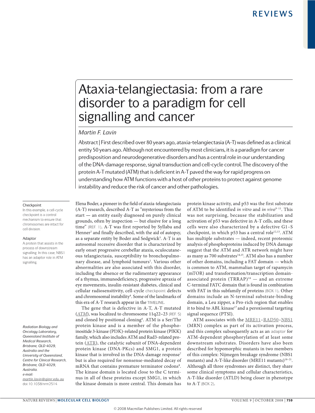 Ataxia-Telangiectasia: from a Rare Disorder to a Paradigm for Cell Signalling and Cancer