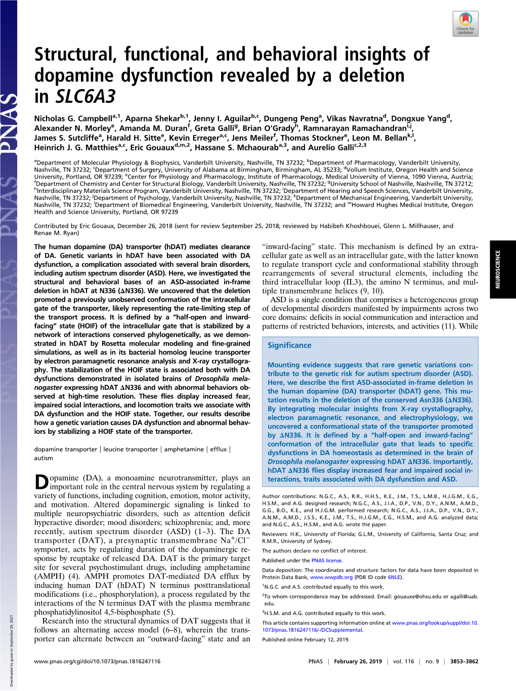 Structural, Functional, and Behavioral Insights of Dopamine Dysfunction Revealed by a Deletion in SLC6A3