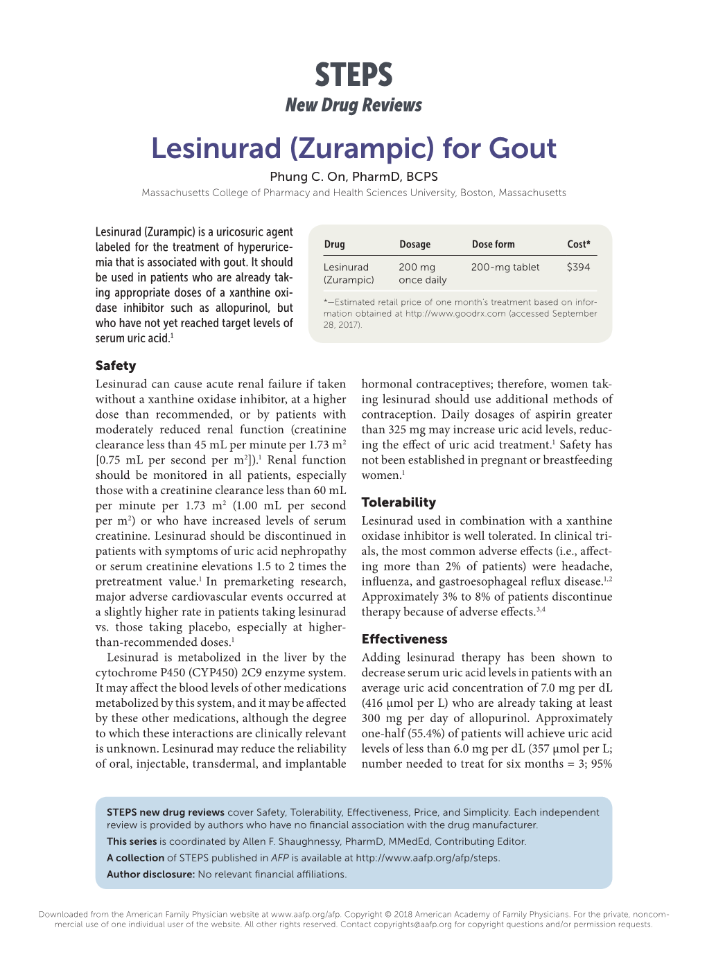 Lesinurad (Zurampic) for Gout Phung C